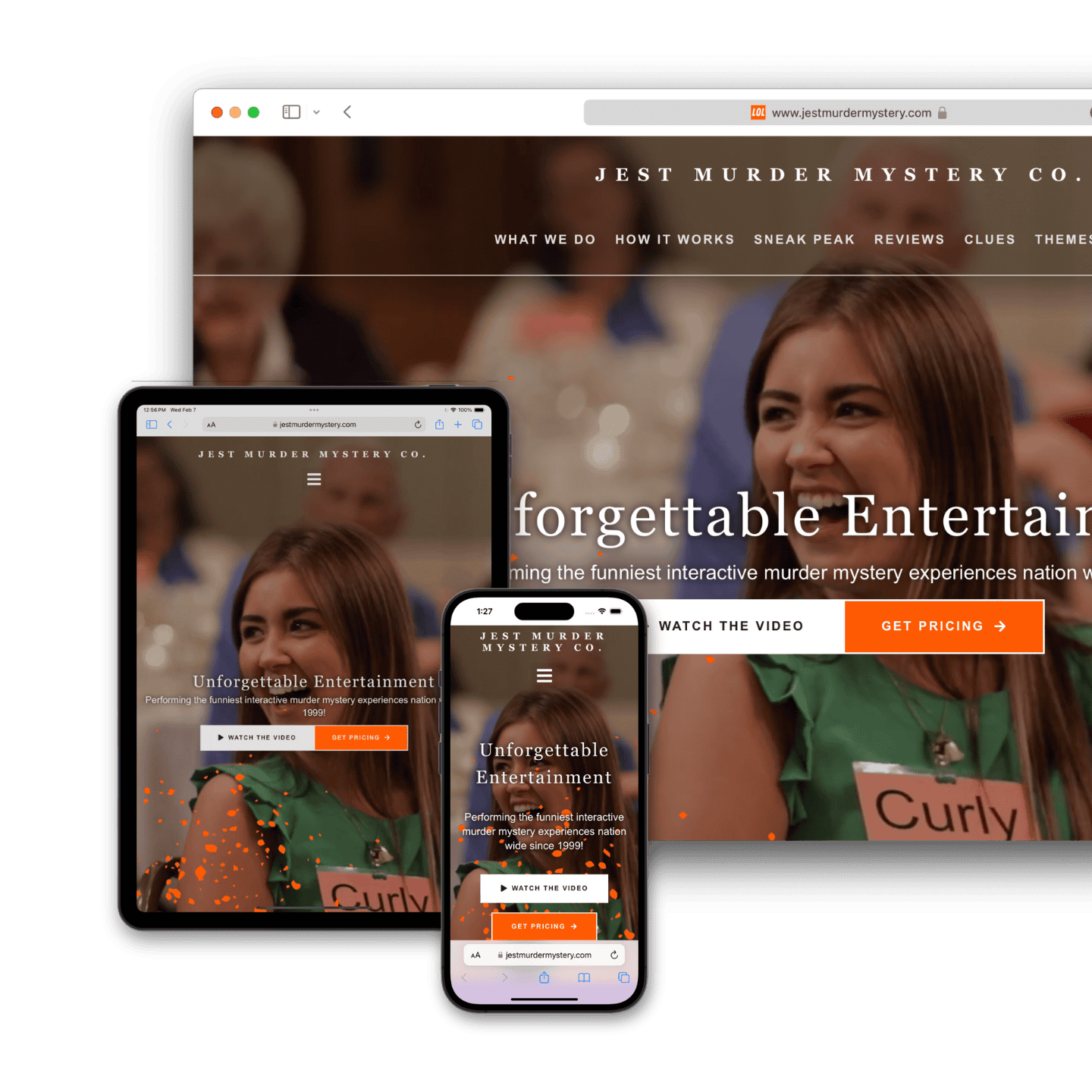 Interactive murder mystery entertainment on screens.
